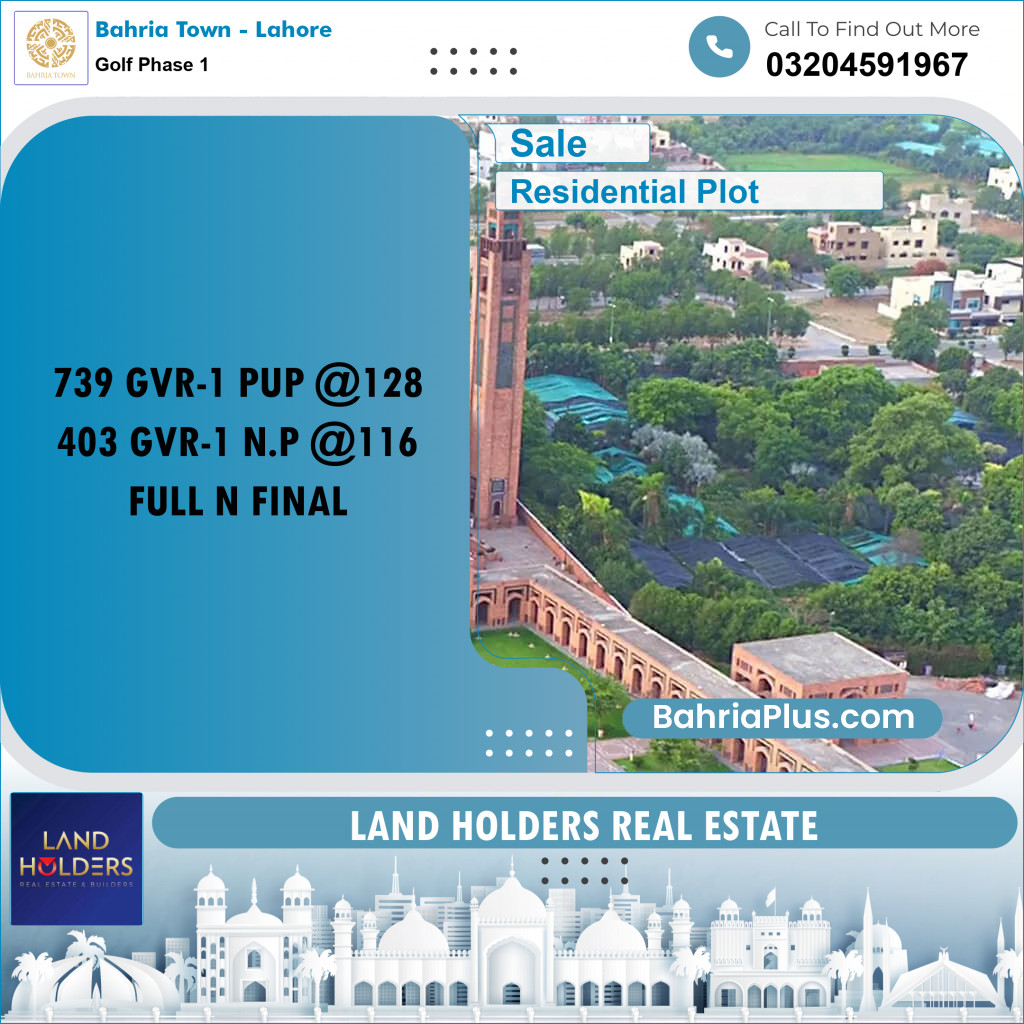 10 Marla Residential Plot for Sale in Golf Phase 1 -  Bahria Town, Lahore - (BP-248653)