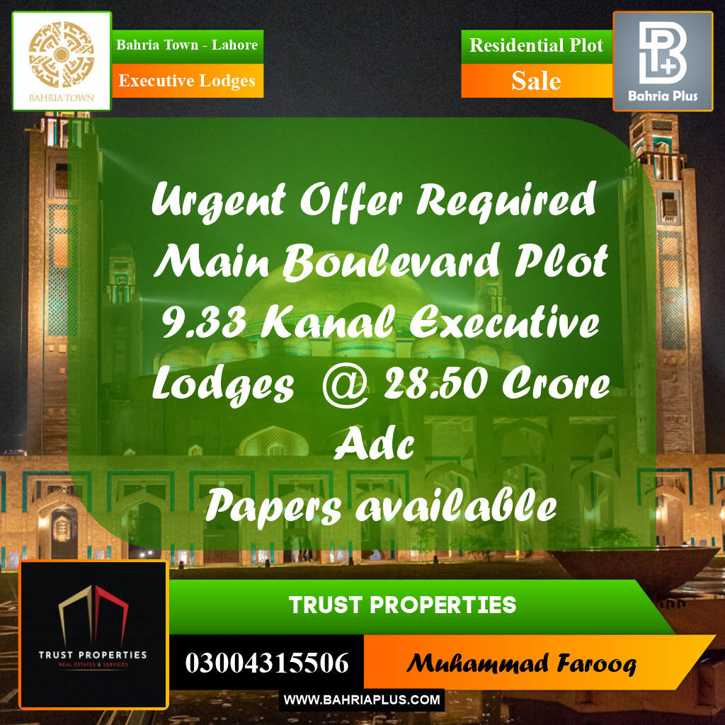 9.33 Kanal Residential Plot for Sale in Executive Lodges -  Bahria Town, Lahore - (BP-248680)