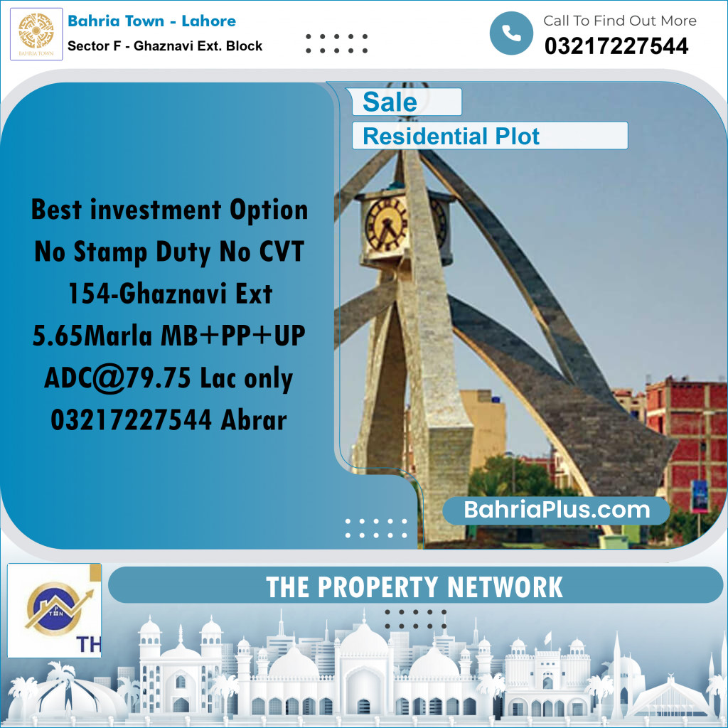 5.65 Marla Residential Plot for Sale in Sector F - Ghaznavi Ext. Block -  Bahria Town, Lahore - (BP-248786)