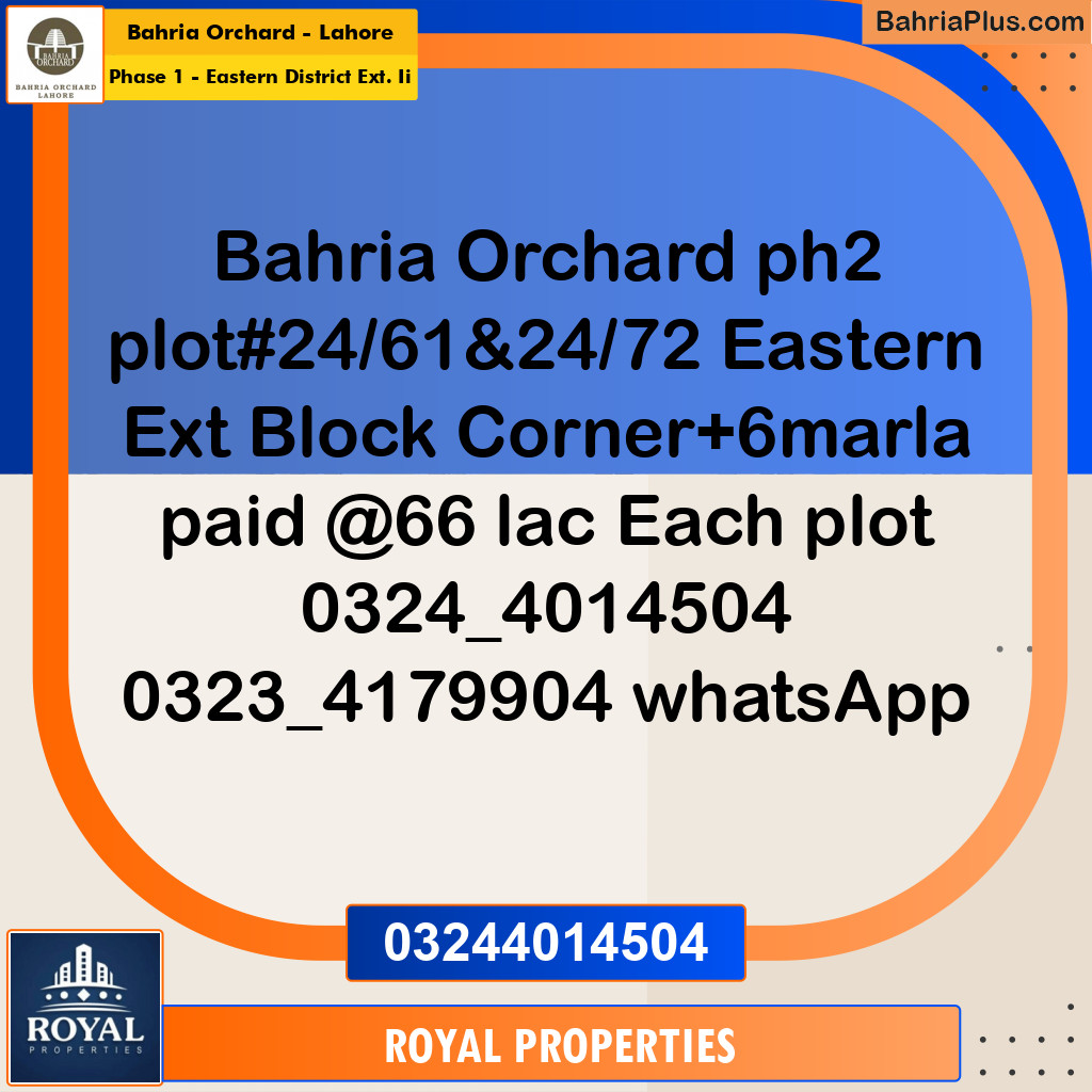 Residential Plot for Sale in Phase 1 - Eastern District Ext. II - Bahria Orchard, Lahore - (BP-248891)