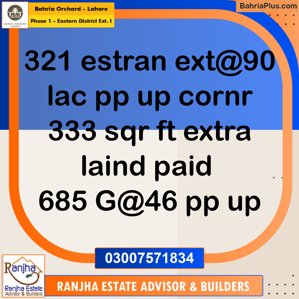 9.5 Marla Residential Plot for Sale in Phase 1 - Eastern District Ext. I -  Bahria Orchard, Lahore - (BP-248943)