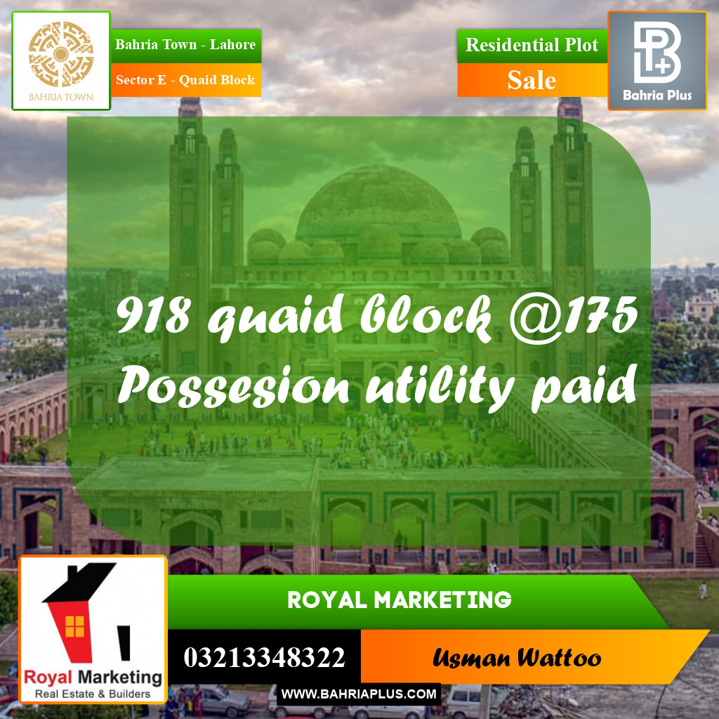 Residential Plot for Sale in Sector E - Quaid Block -  Bahria Town, Lahore - (BP-249268)