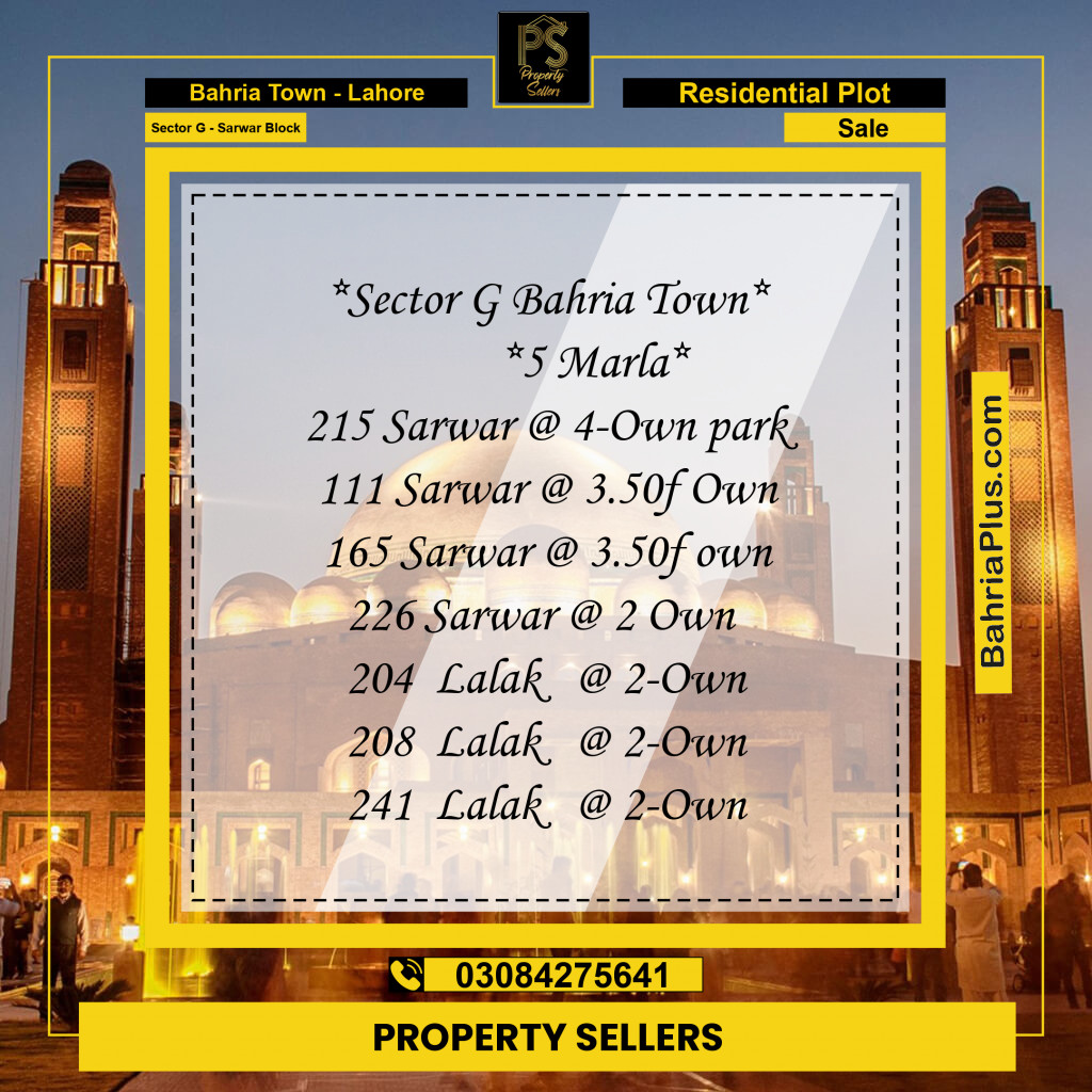 Residential Plot for Sale in Sector G - Sarwar Block -  Bahria Town, Lahore - (BP-249362)