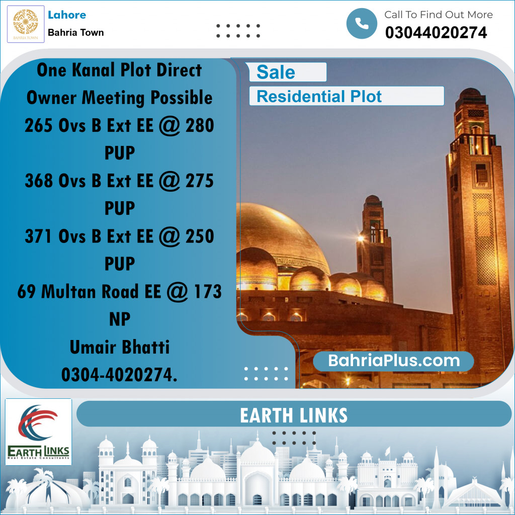 1 Kanal Residential Plot for Sale in Bahria Town, Lahore - (BP-249388)