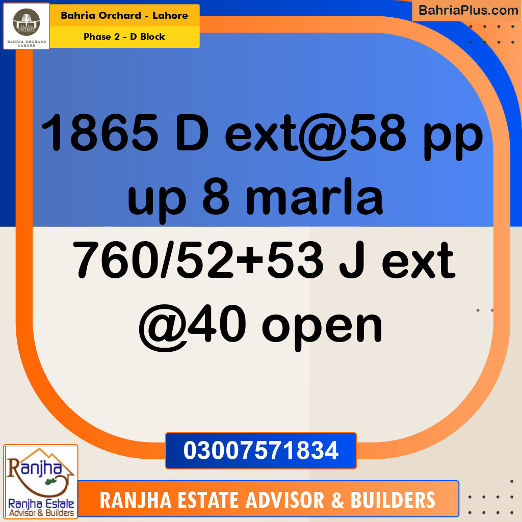 8 Marla Residential Plot for Sale in Phase 2 - D Block -  Bahria Orchard, Lahore - (BP-249439)