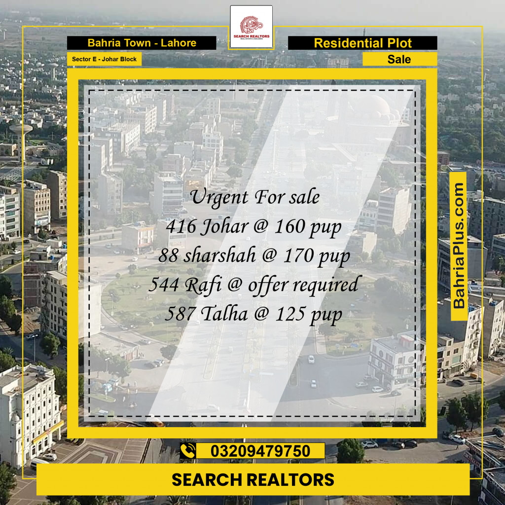 10 Marla Residential Plot for Sale in Sector E - Johar Block -  Bahria Town, Lahore - (BP-249528)