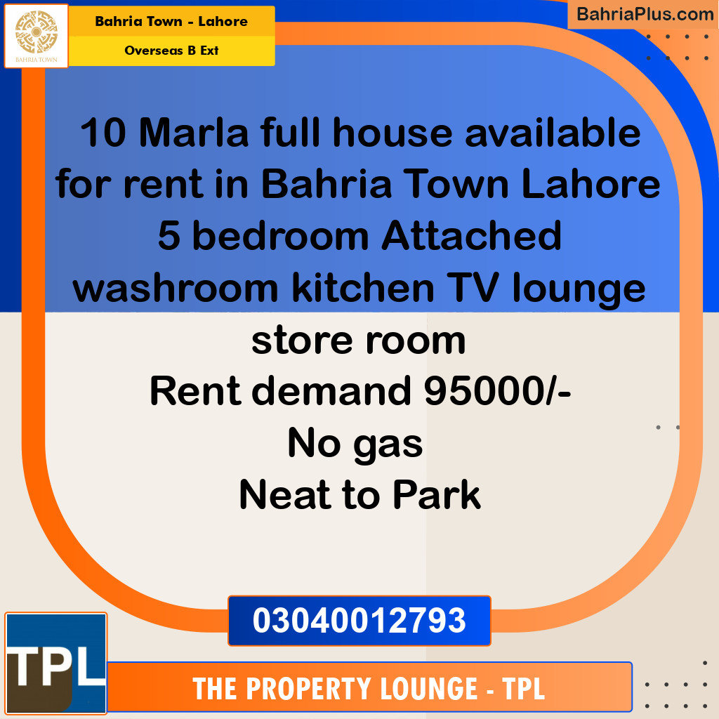 10 Marla Residential House for Rent in Overseas B Ext -  Bahria Town, Lahore - (BP-249617)