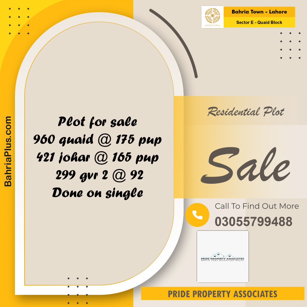 10 Marla Residential Plot for Sale in Sector E - Quaid Block -  Bahria Town, Lahore - (BP-249802)
