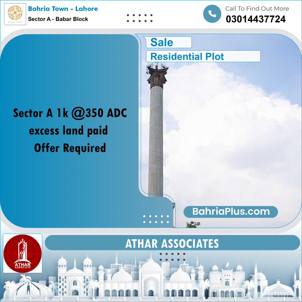 20 Marla Residential Plot for Sale in Sector A - Babar Block -  Bahria Town, Lahore - (BP-249812)