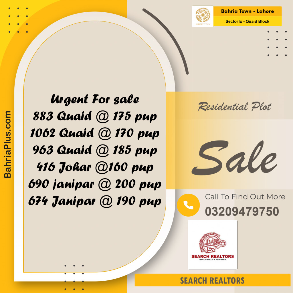 10 Marla Residential Plot for Sale in Sector E - Quaid Block -  Bahria Town, Lahore - (BP-249865)