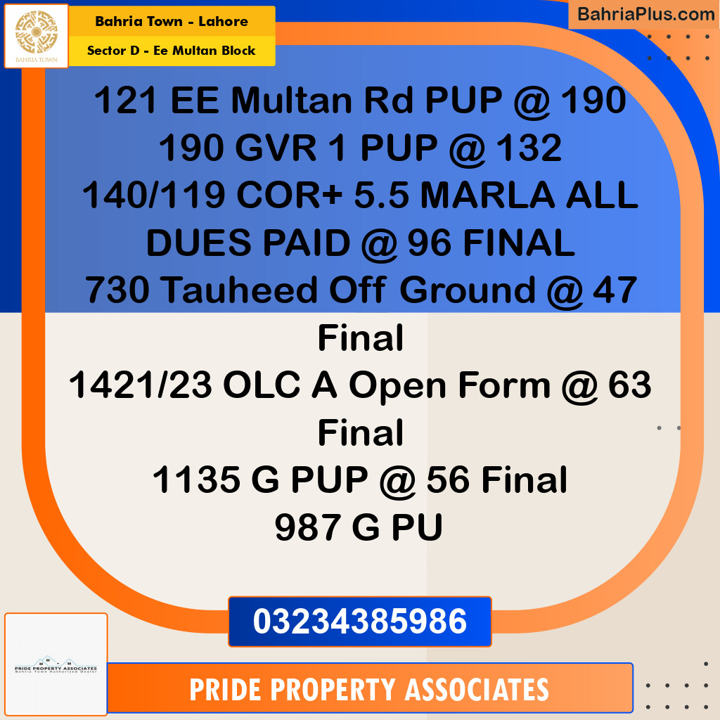 1 Kanal Residential Plot for Sale in Sector D - EE Multan Block -  Bahria Town, Lahore - (BP-249893)