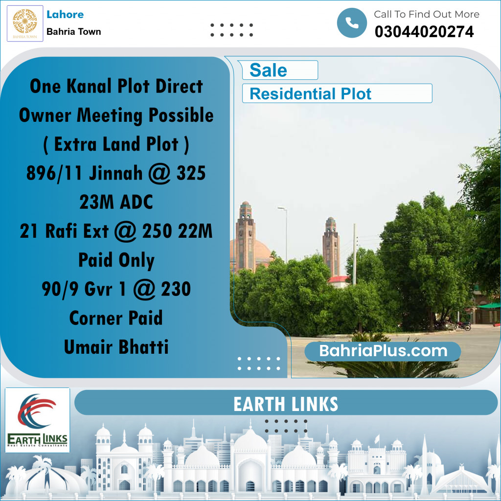 1 Kanal Residential Plot for Sale in Bahria Town, Lahore - (BP-250119)