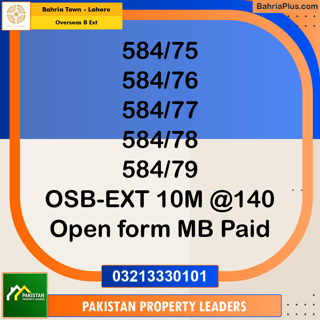 10 Marla Residential Plot for Sale in Overseas B Ext -  Bahria Town, Lahore - (BP-250173)