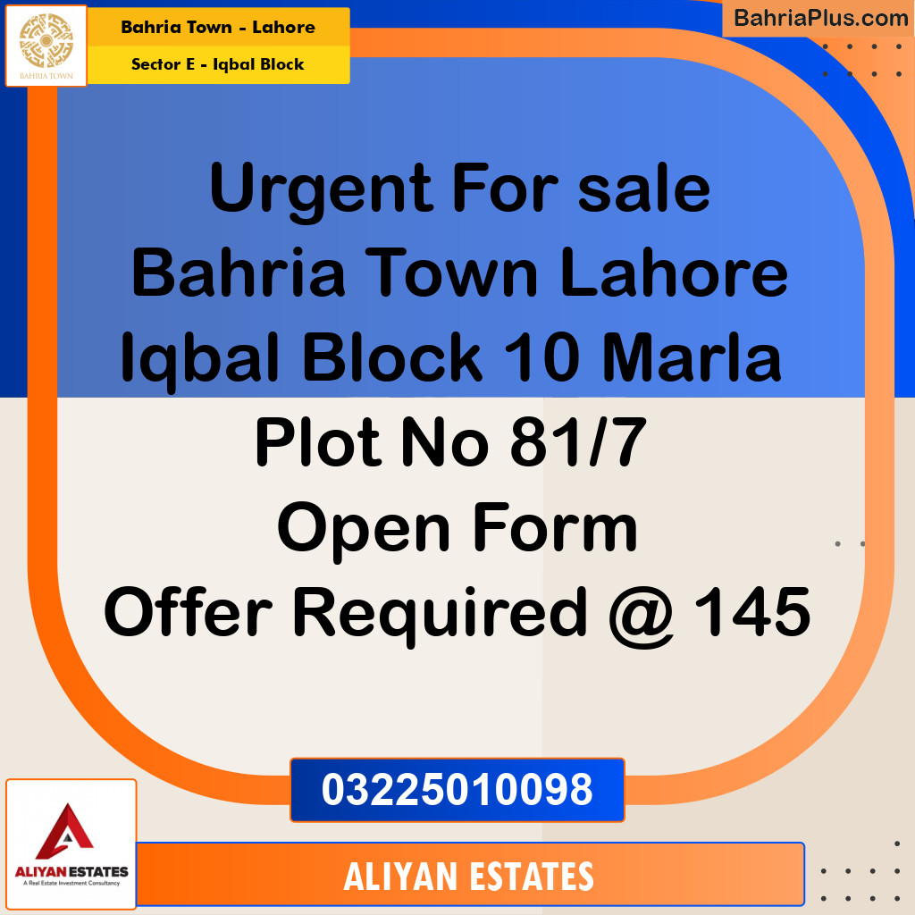 10 Marla Residential Plot for Sale in Sector E - Iqbal Block -  Bahria Town, Lahore - (BP-250265)