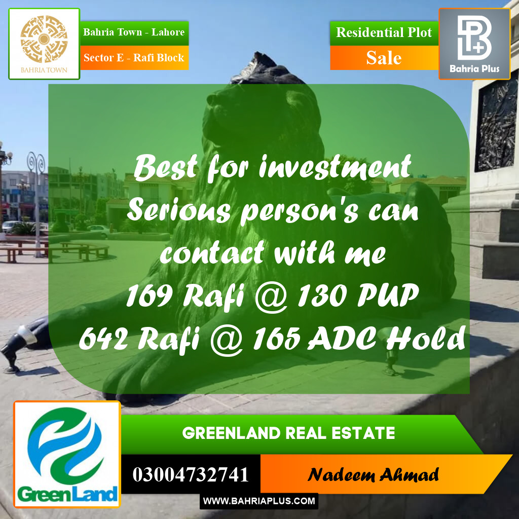 10 Marla Residential Plot for Sale in Sector E - Rafi Block -  Bahria Town, Lahore - (BP-250309)
