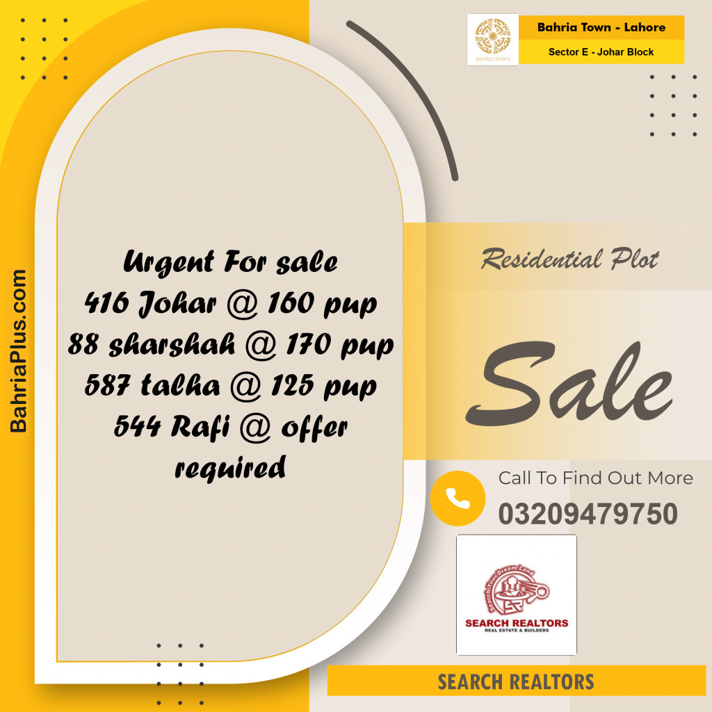 10 Marla Residential Plot for Sale in Sector E - Johar Block -  Bahria Town, Lahore - (BP-250742)