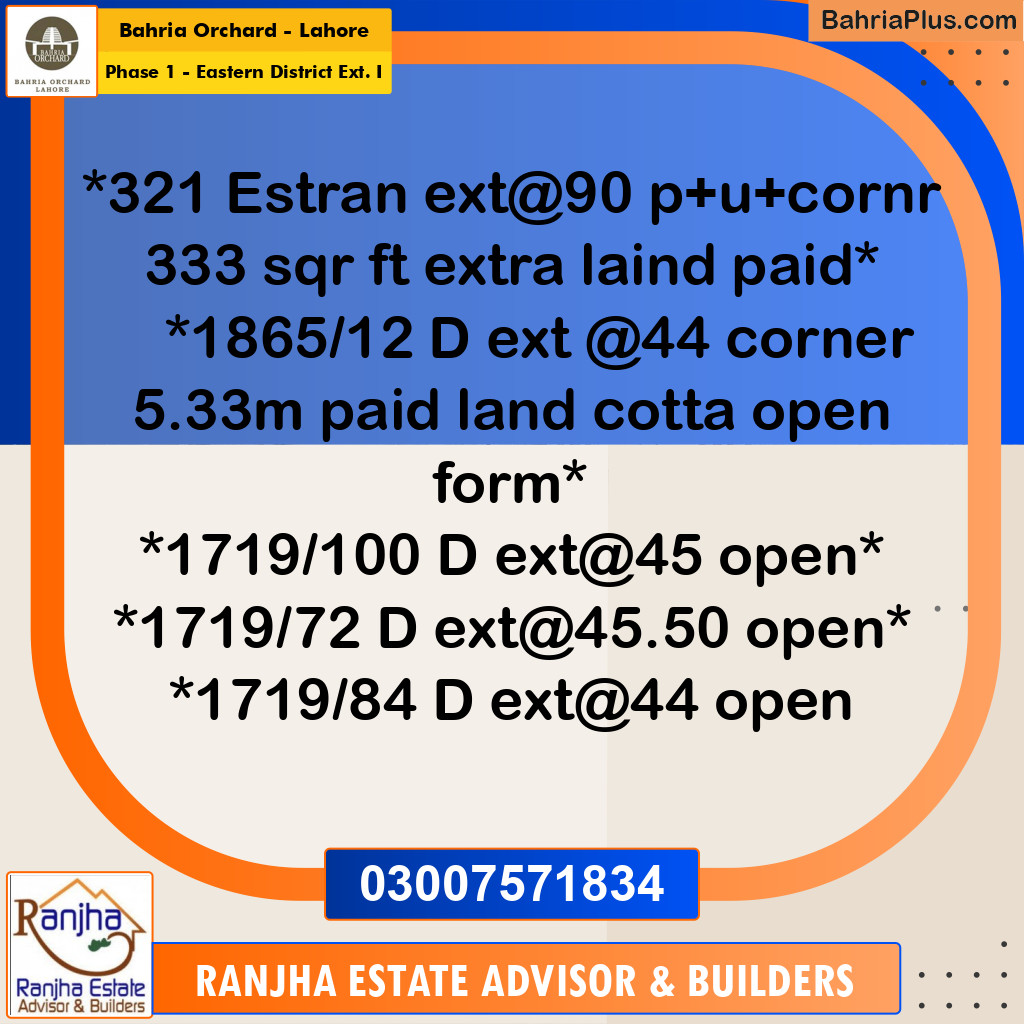 8 Marla Residential Plot for Sale in Phase 1 - Eastern District Ext. I -  Bahria Orchard, Lahore - (BP-250751)