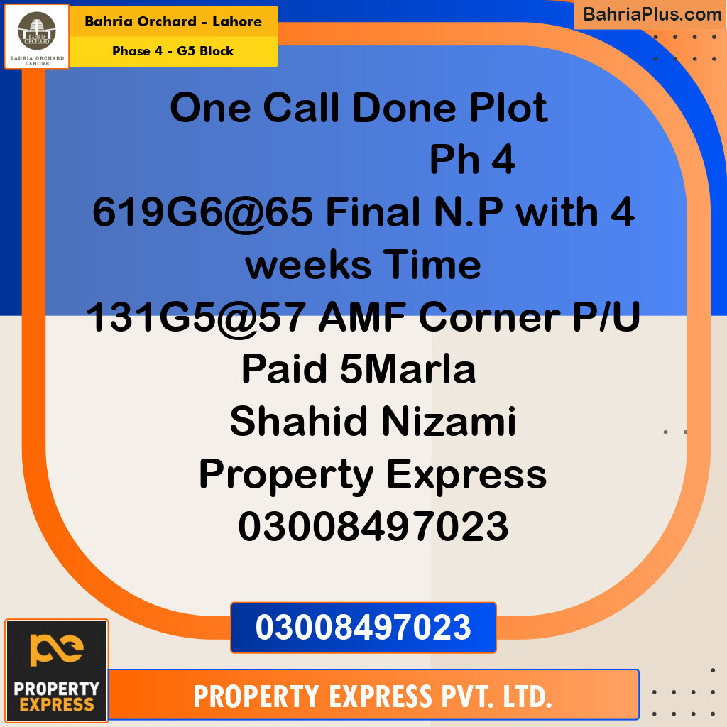 10 Marla Residential Plot for Sale in Phase 4 - G5 Block -  Bahria Orchard, Lahore - (BP-250765)