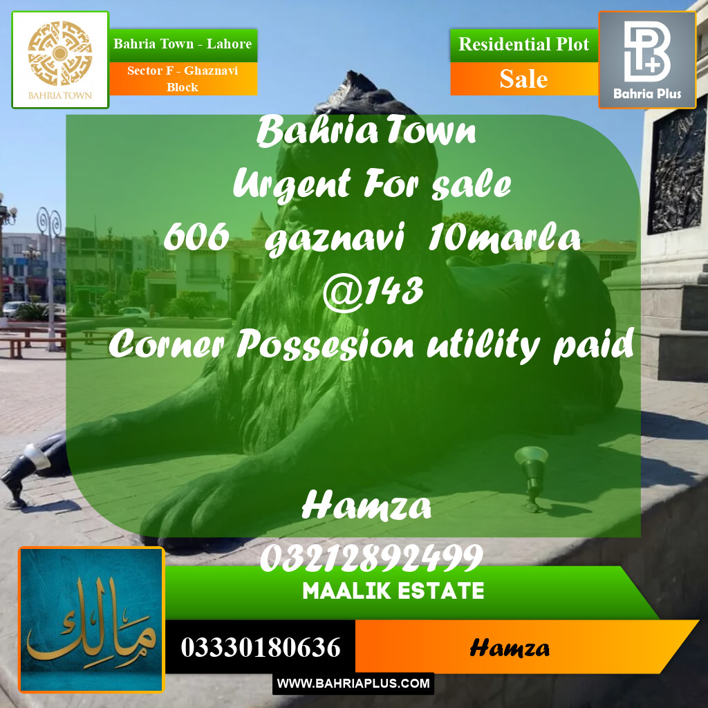 10 Marla Residential Plot for Sale in Sector F - Ghaznavi Block -  Bahria Town, Lahore - (BP-250842)