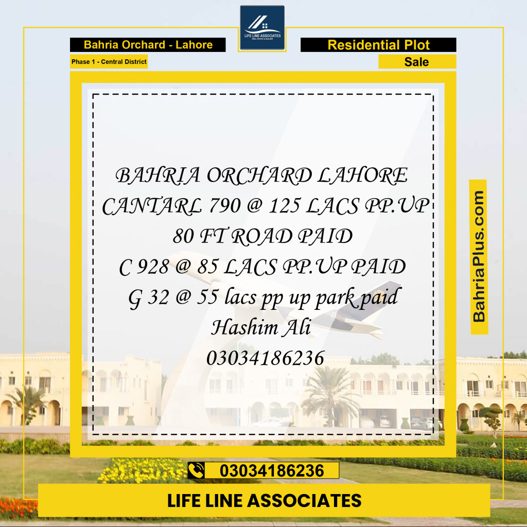 10 Marla Residential Plot for Sale in Phase 1 - Central District -  Bahria Orchard, Lahore - (BP-250963)