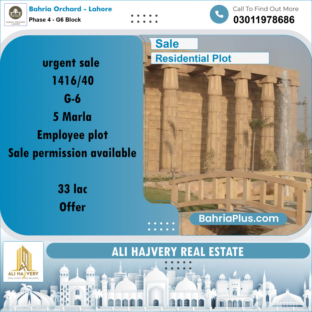 5 Marla Residential Plot for Sale in Phase 4 - G6 Block -  Bahria Orchard, Lahore - (BP-251110)