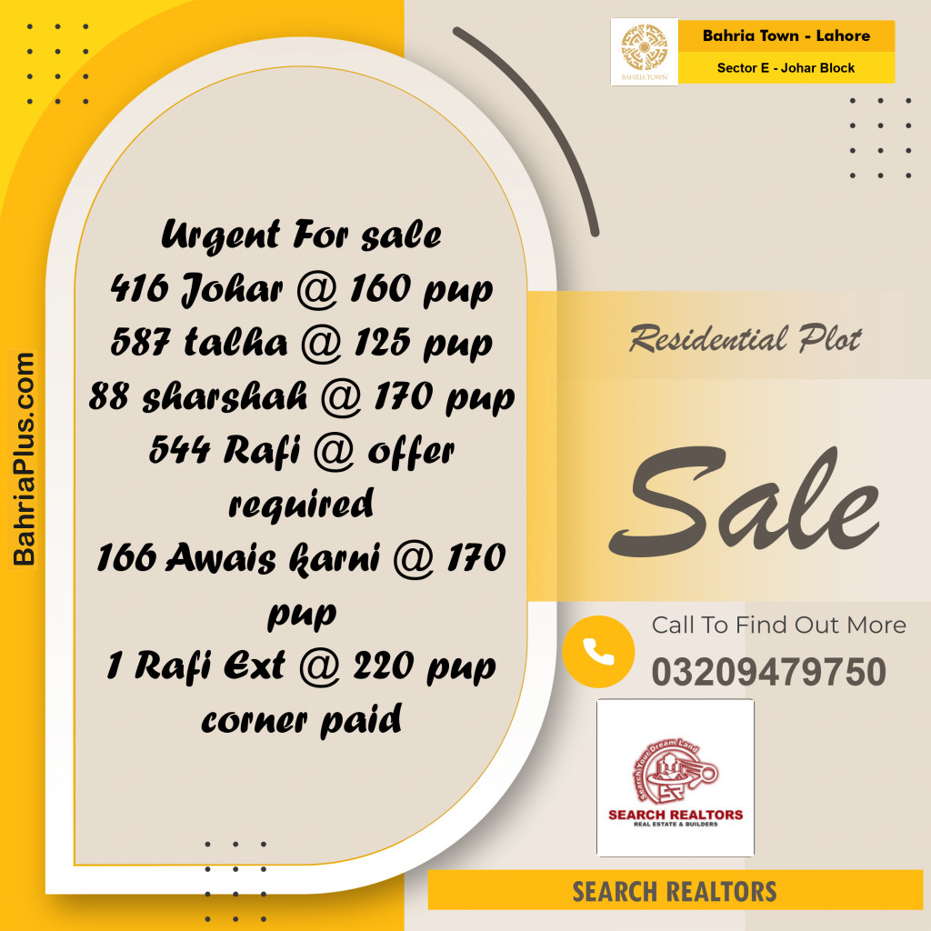 10 Marla Residential Plot for Sale in Sector E - Johar Block -  Bahria Town, Lahore - (BP-251132)