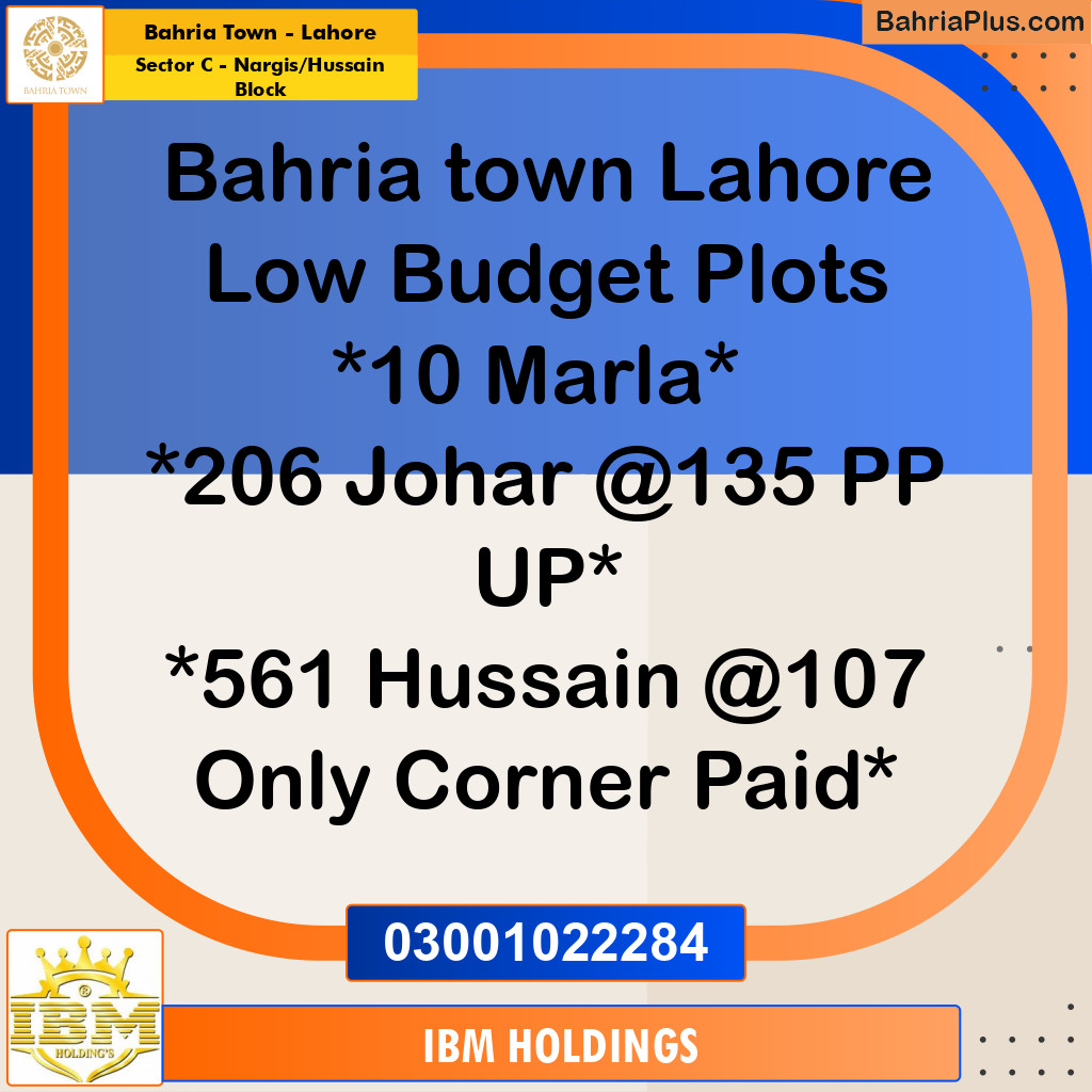 10 Marla Residential Plot for Sale in Sector C - Nargis/Hussain Block -  Bahria Town, Lahore - (BP-251153)