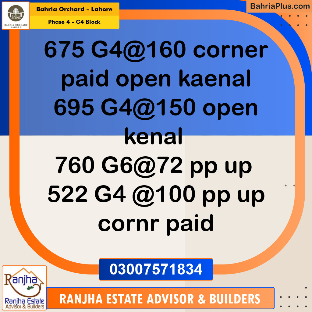 1 Kanal Residential Plot for Sale in Phase 4 - G4 Block -  Bahria Orchard, Lahore - (BP-251193)