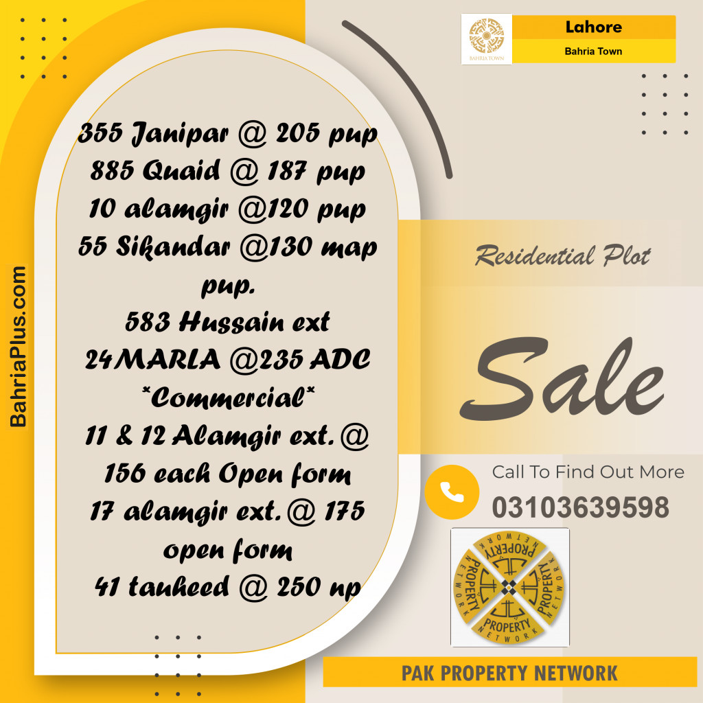 Residential Plot for Sale in Bahria Town, Lahore - (BP-251314)