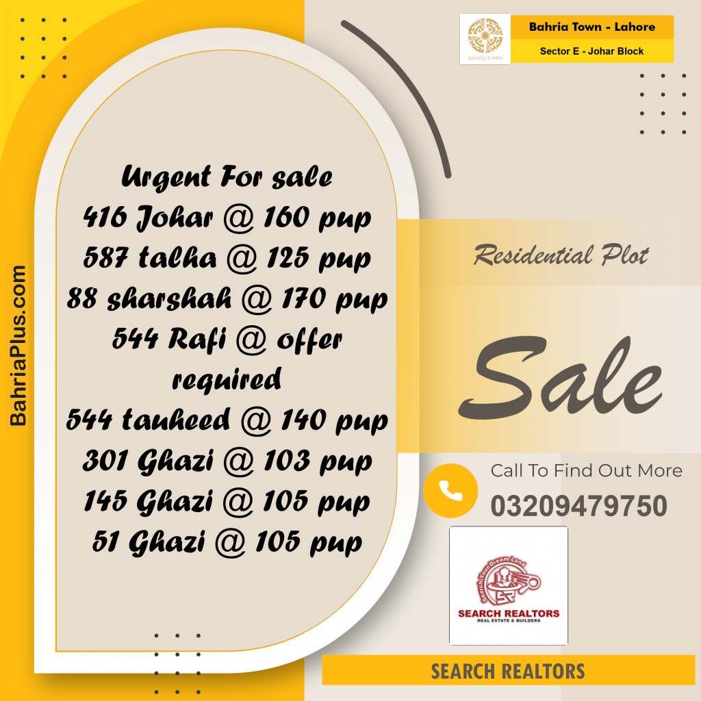 10 Marla Residential Plot for Sale in Sector E - Johar Block -  Bahria Town, Lahore - (BP-251473)