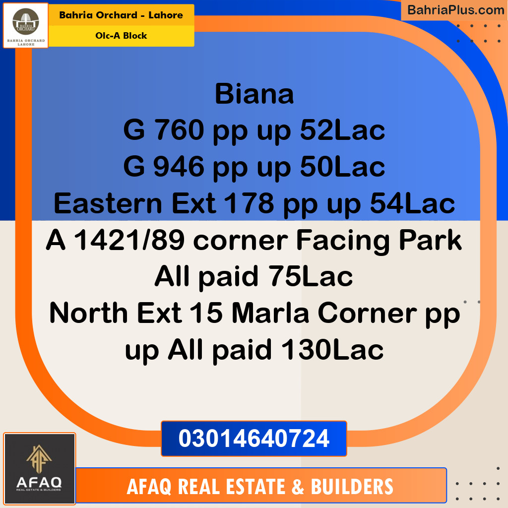 5 Marla Residential Plot for Sale in OLC-A Block -  Bahria Orchard, Lahore - (BP-251609)