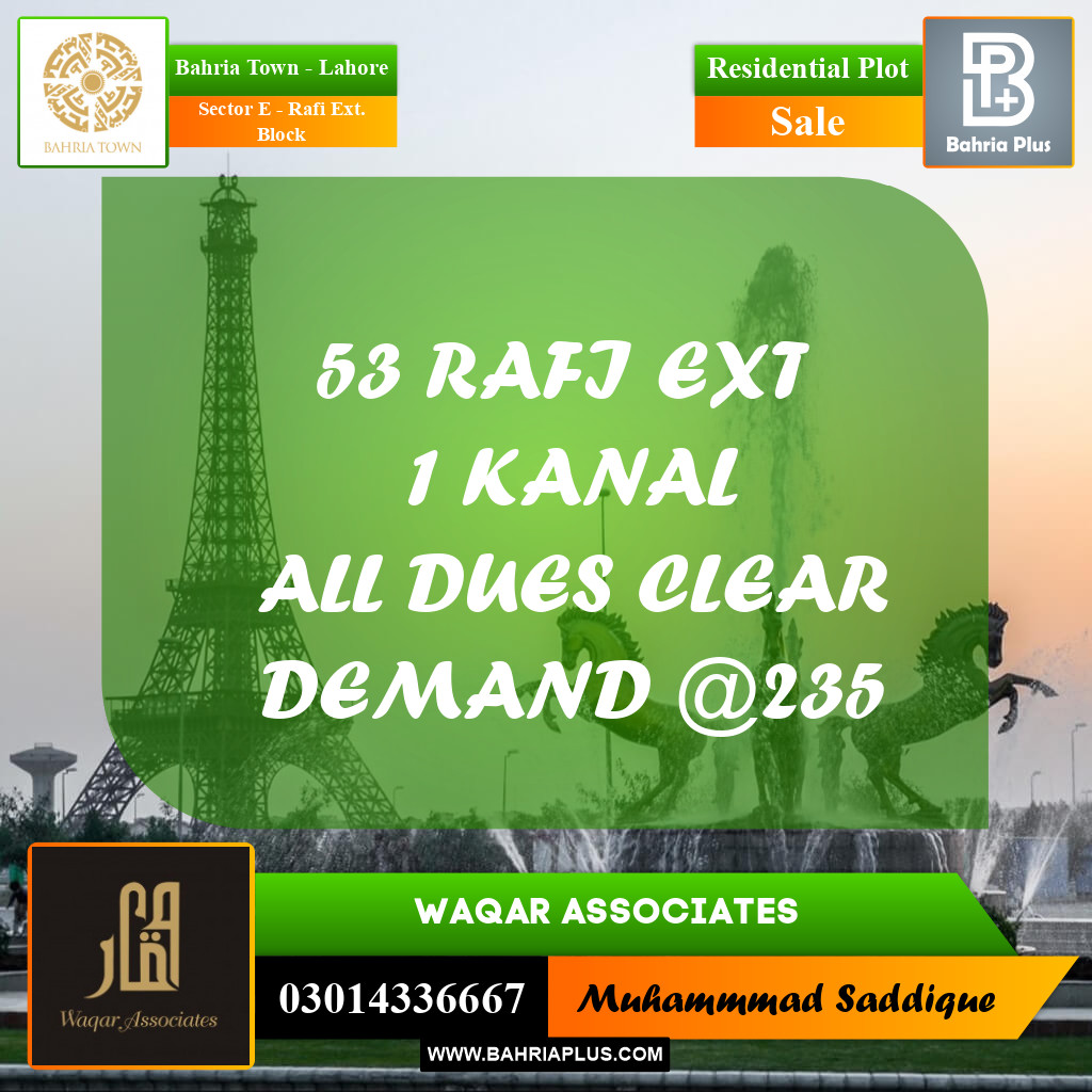 1 Kanal Residential Plot for Sale in Sector E - Rafi Ext. Block -  Bahria Town, Lahore - (BP-251623)