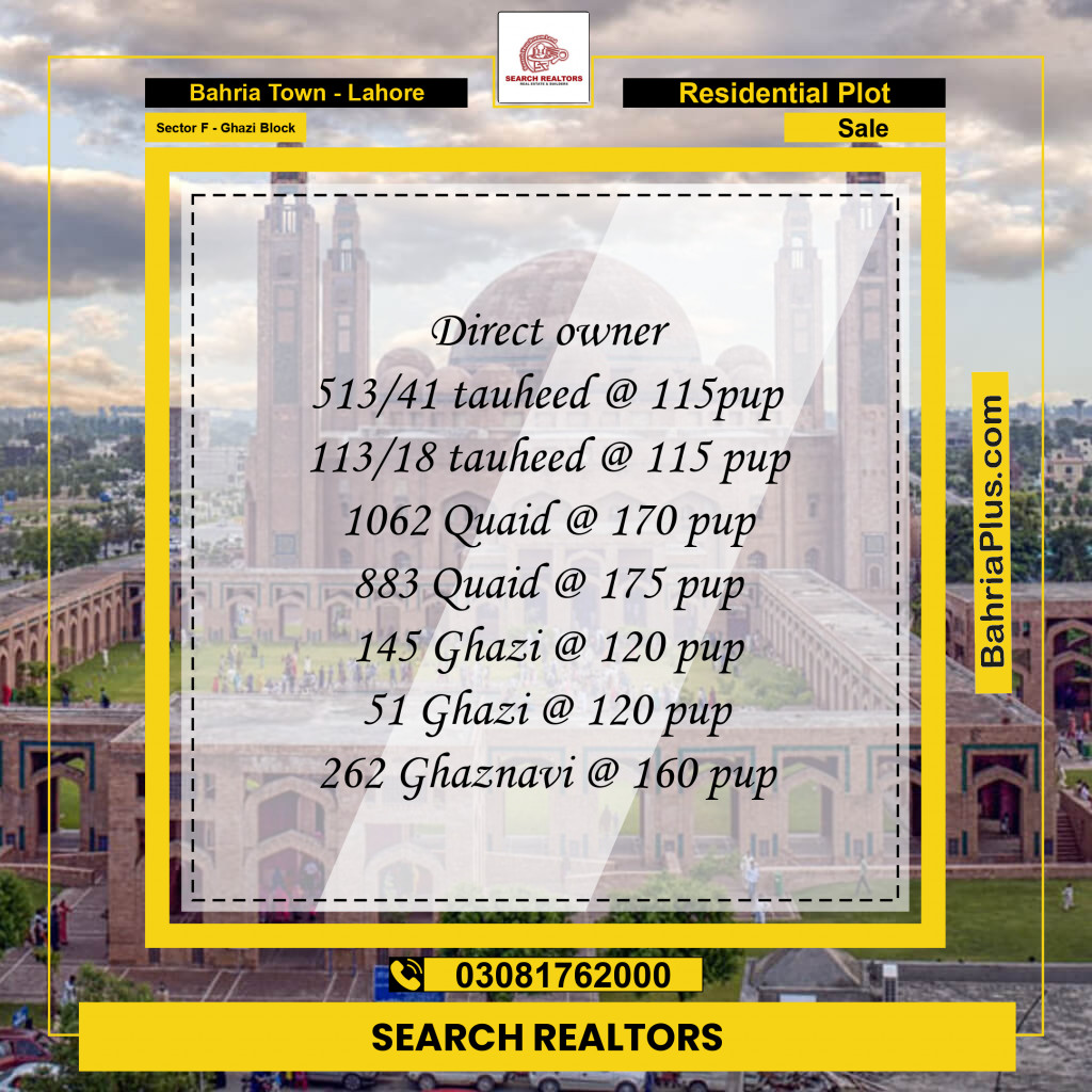 10 Marla Residential Plot for Sale in Sector F - Ghazi Block -  Bahria Town, Lahore - (BP-251635)
