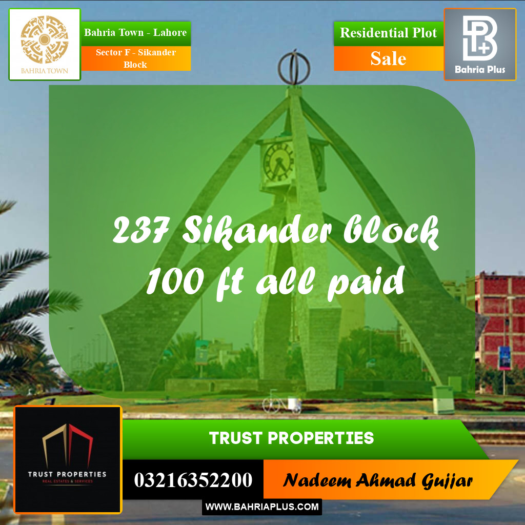 10 Marla Residential Plot for Sale in Sector F - Sikander Block -  Bahria Town, Lahore - (BP-251870)