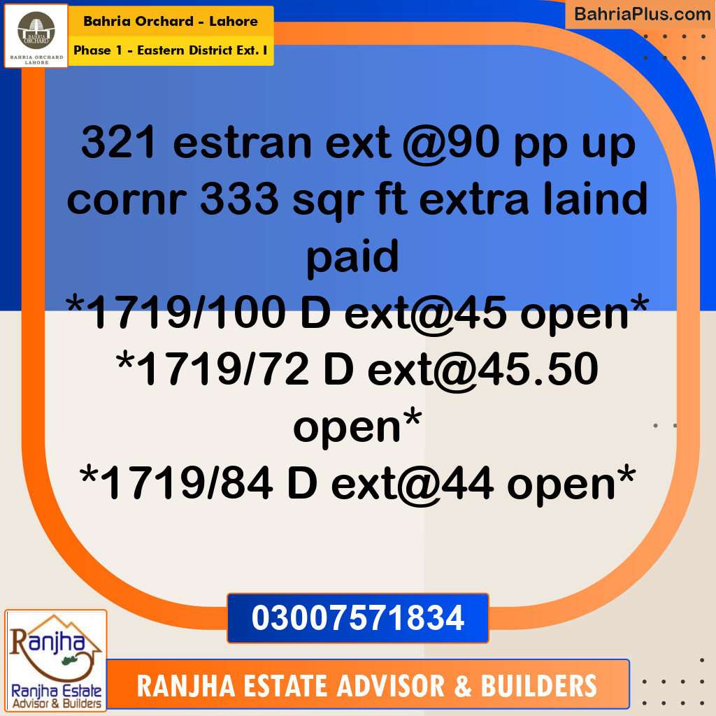 8 Marla Residential Plot for Sale in Phase 1 - Eastern District Ext. I -  Bahria Orchard, Lahore - (BP-251977)
