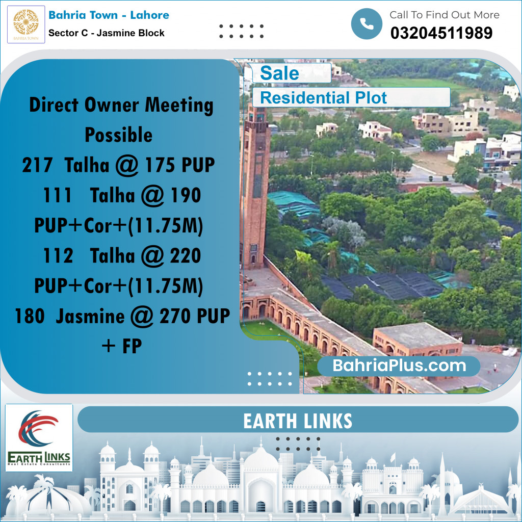 10 Marla Residential Plot for Sale in Sector C - Jasmine Block -  Bahria Town, Lahore - (BP-252050)