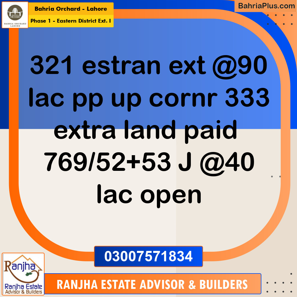 8 Marla Residential Plot for Sale in Phase 1 - Eastern District Ext. I -  Bahria Orchard, Lahore - (BP-252082)