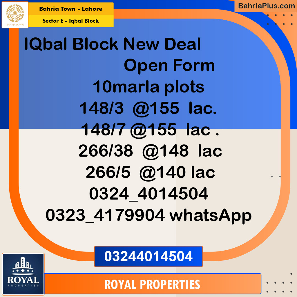 Residential Plot for Sale in Sector E - Iqbal Block -  Bahria Town, Lahore - (BP-252110)