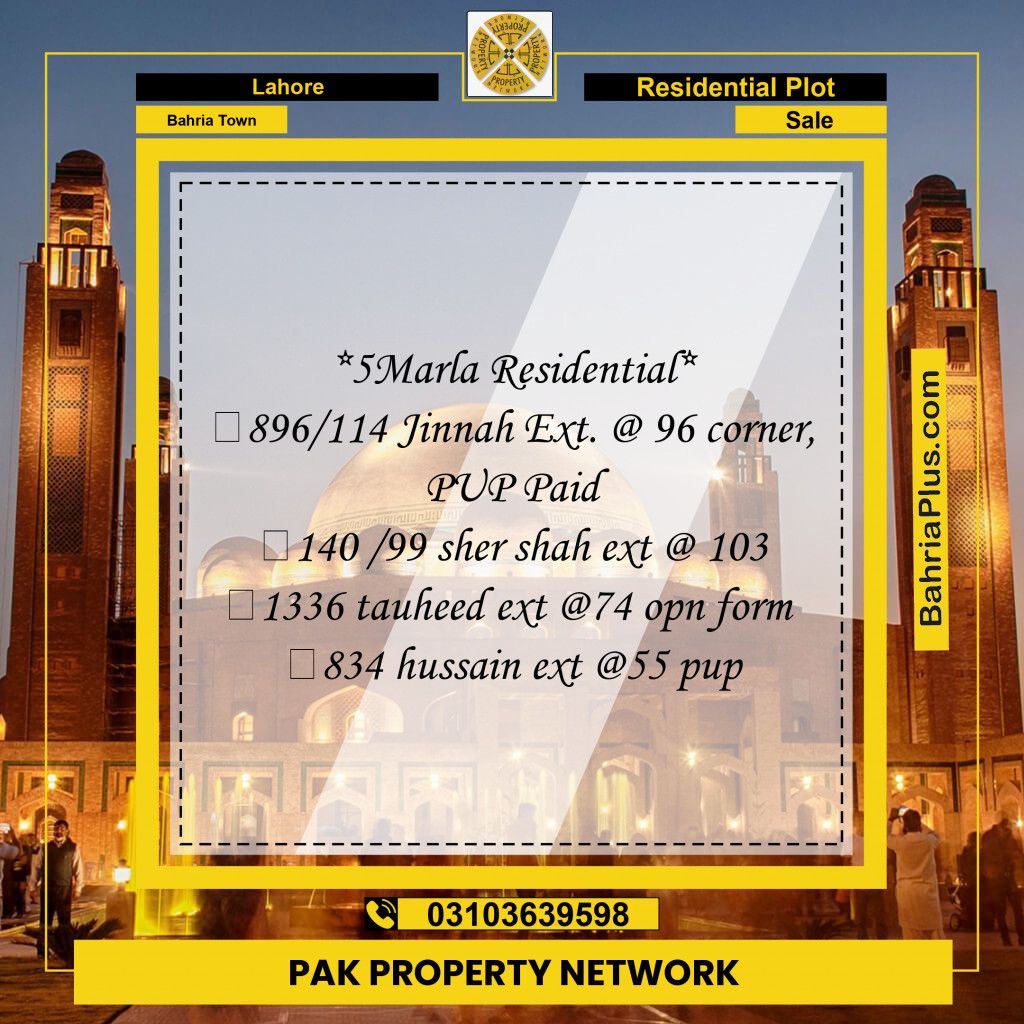 Residential Plot for Sale in Bahria Town, Lahore - (BP-252174)