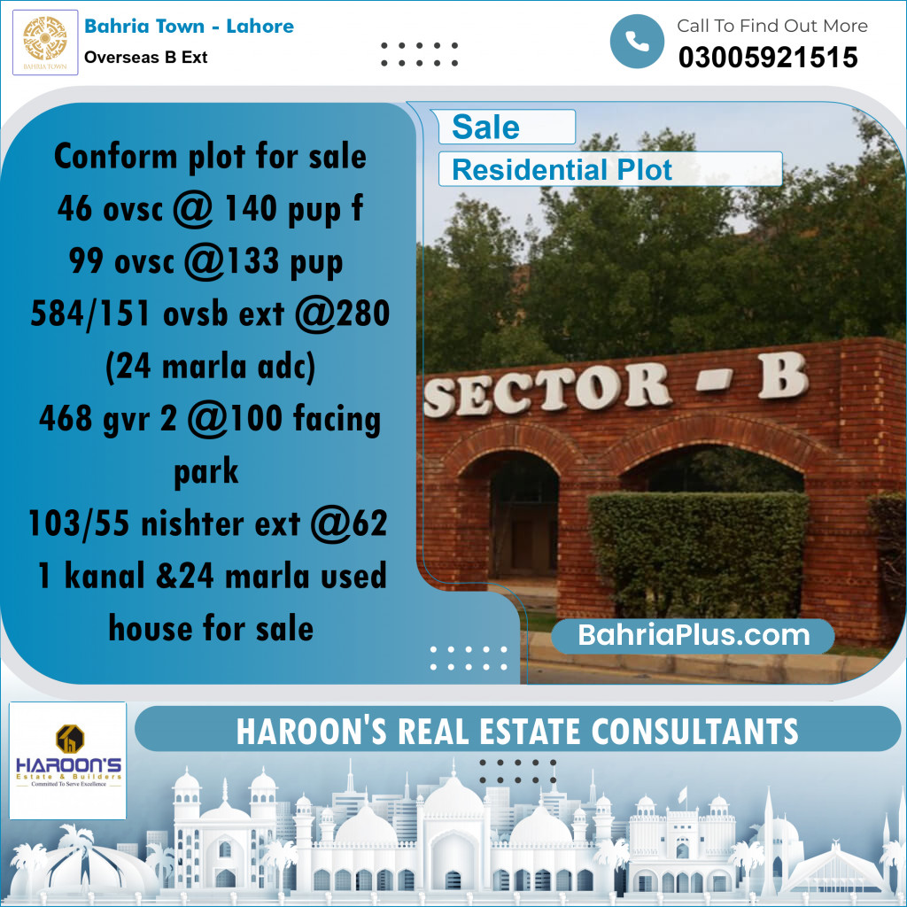 20 Marla Residential Plot for Sale in Overseas B Ext -  Bahria Town, Lahore - (BP-252214)