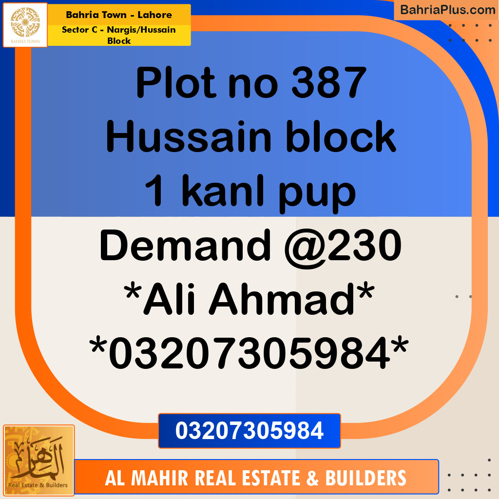 1 Kanal Residential Plot for Sale in Sector C - Nargis/Hussain Block -  Bahria Town, Lahore - (BP-252222)