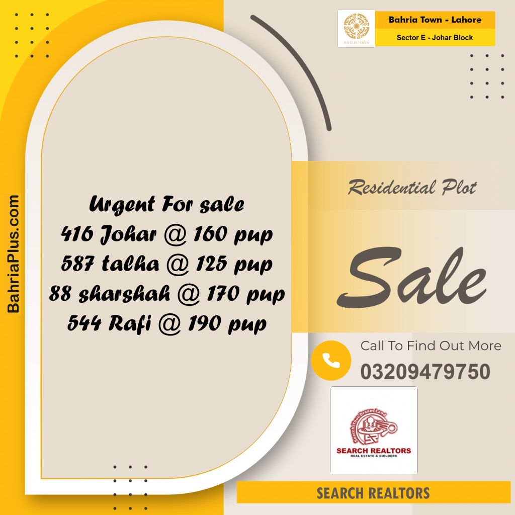 10 Marla Residential Plot for Sale in Sector E - Johar Block -  Bahria Town, Lahore - (BP-252237)