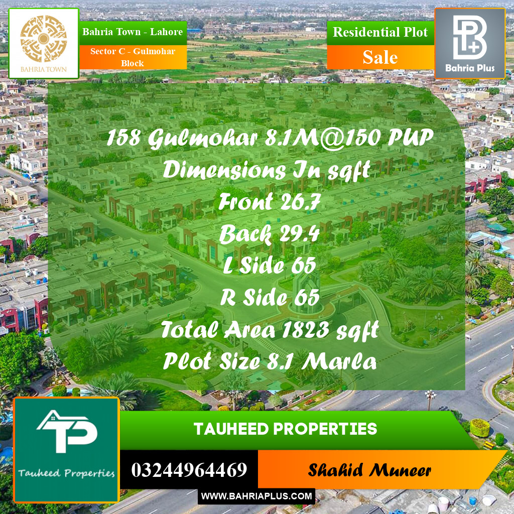 8.1 Marla Residential Plot for Sale in Sector C - Gulmohar Block -  Bahria Town, Lahore - (BP-252269)