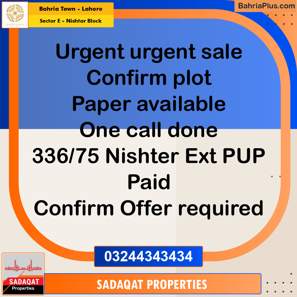 10 Marla Residential Plot for Sale in Sector E - Nishtar Block -  Bahria Town, Lahore - (BP-252276)