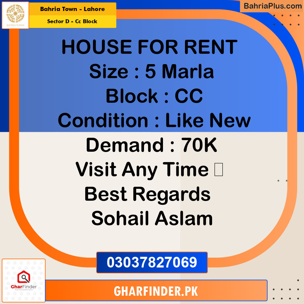 5 Marla Residential House for Rent in Sector D - CC Block -  Bahria Town, Lahore - (BP-252321)