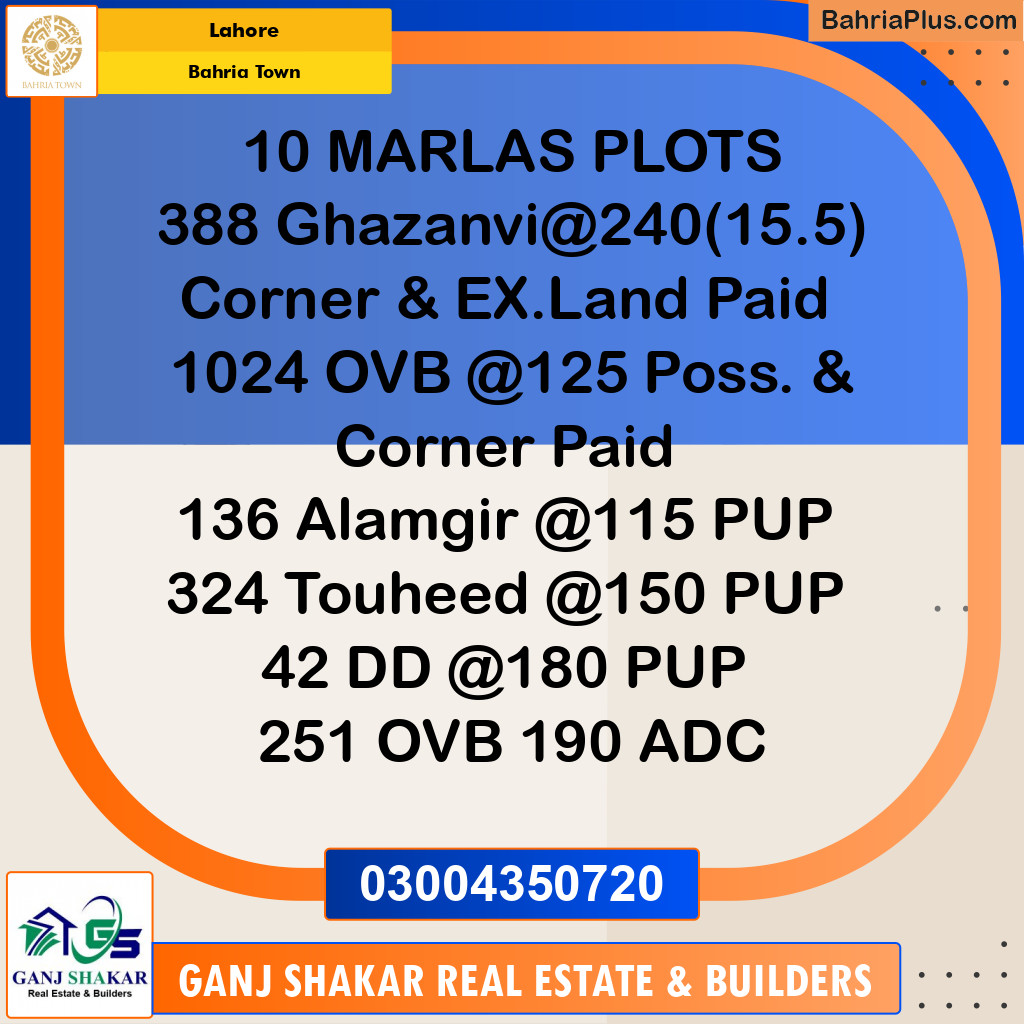 10 Marla Residential Plot for Sale in Bahria Town, Lahore - (BP-252322)