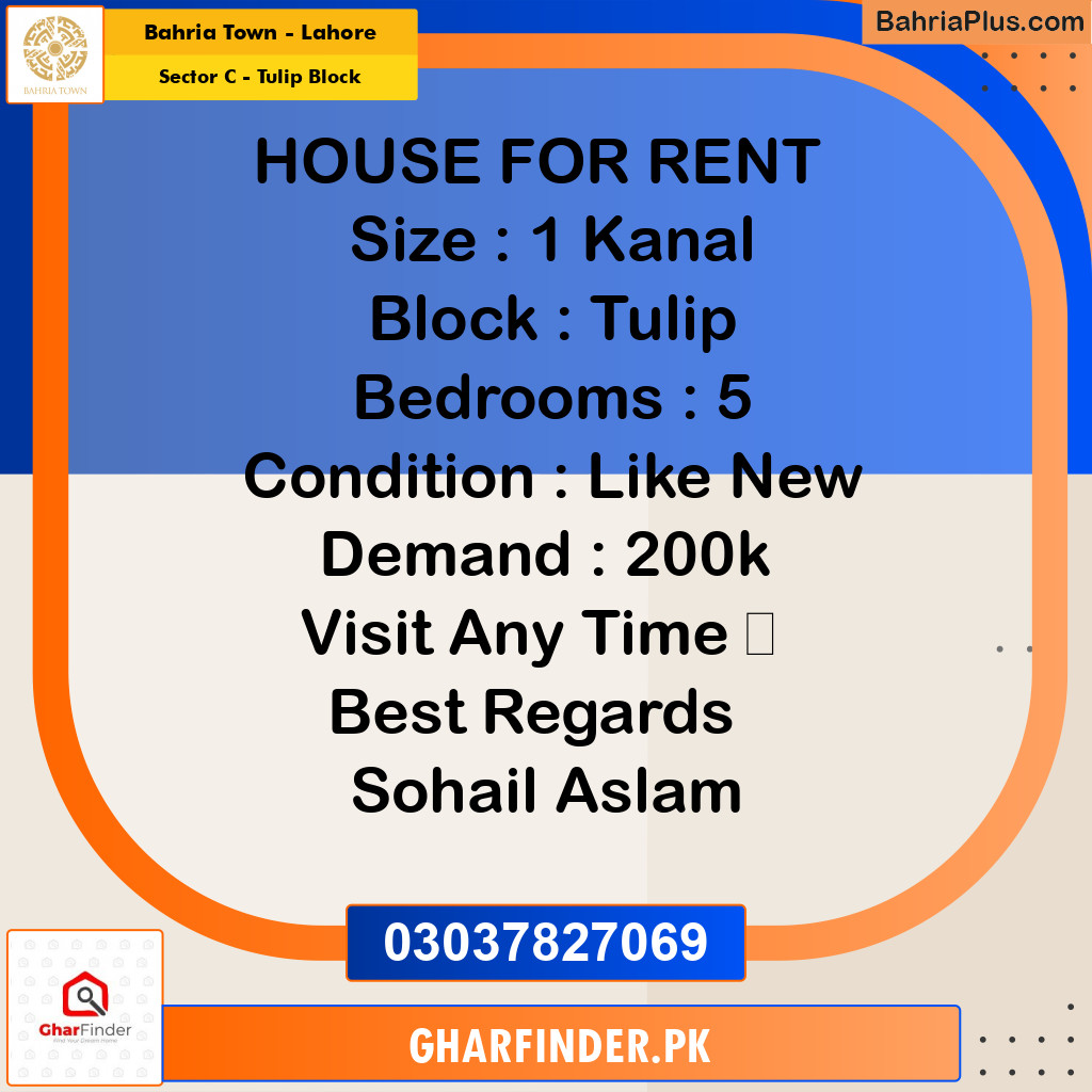 20 Marla Residential House for Rent in Sector C - Tulip Block -  Bahria Town, Lahore - (BP-252323)