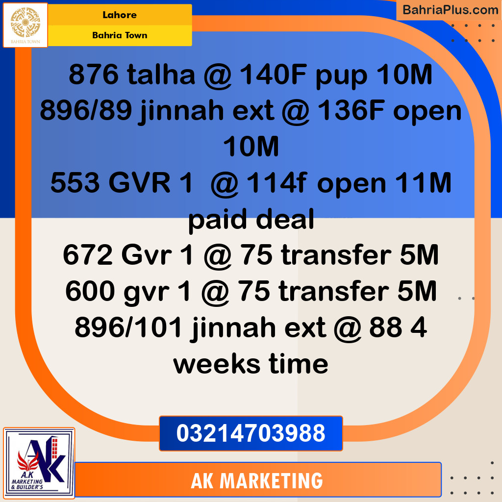 Residential Plot for Sale in Bahria Town, Lahore - (BP-252330)