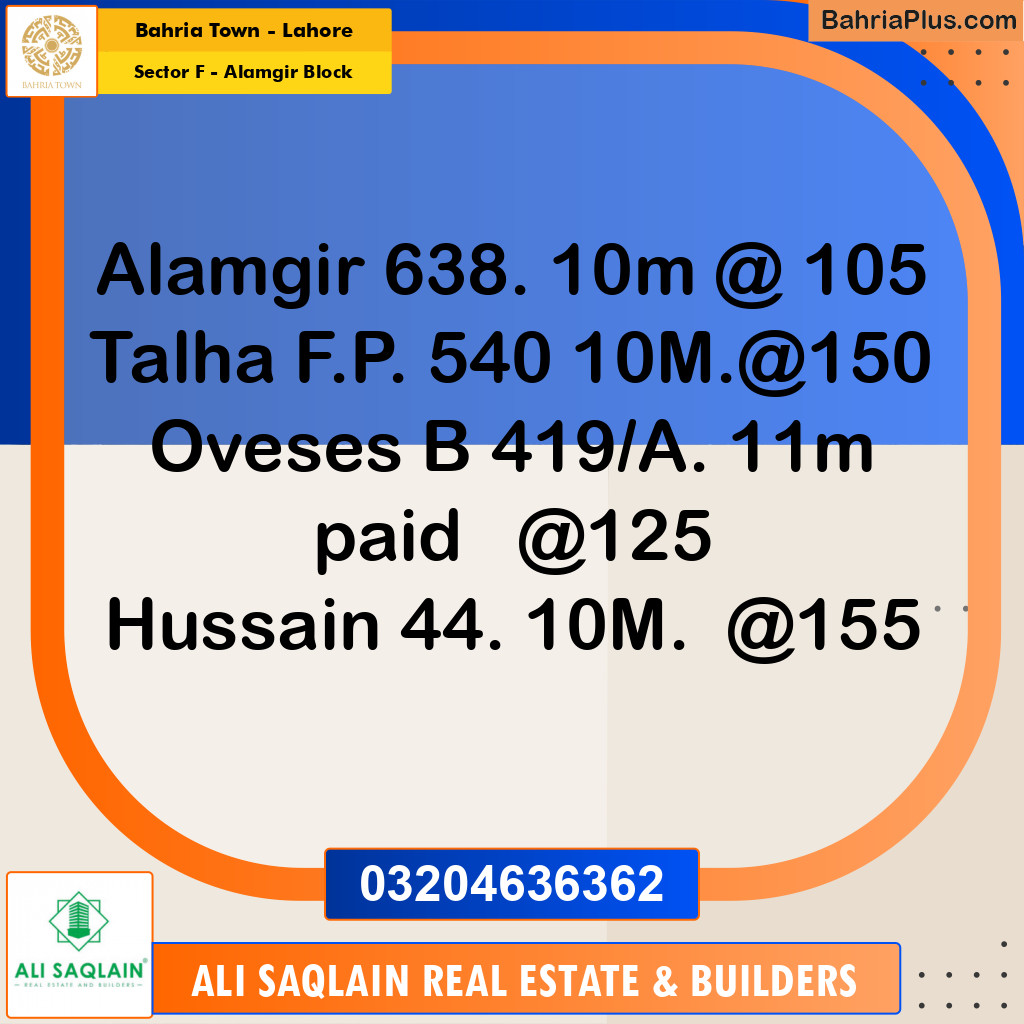 Residential Plot for Sale in Sector F - Alamgir Block -  Bahria Town, Lahore - (BP-252420)