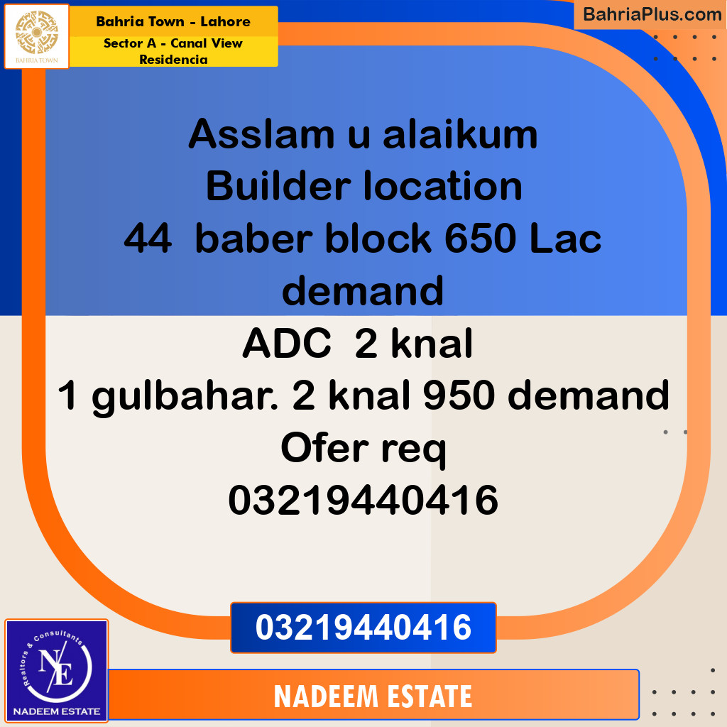 Residential Plot for Sale in Sector A - Canal View Residencia -  Bahria Town, Lahore - (BP-252787)